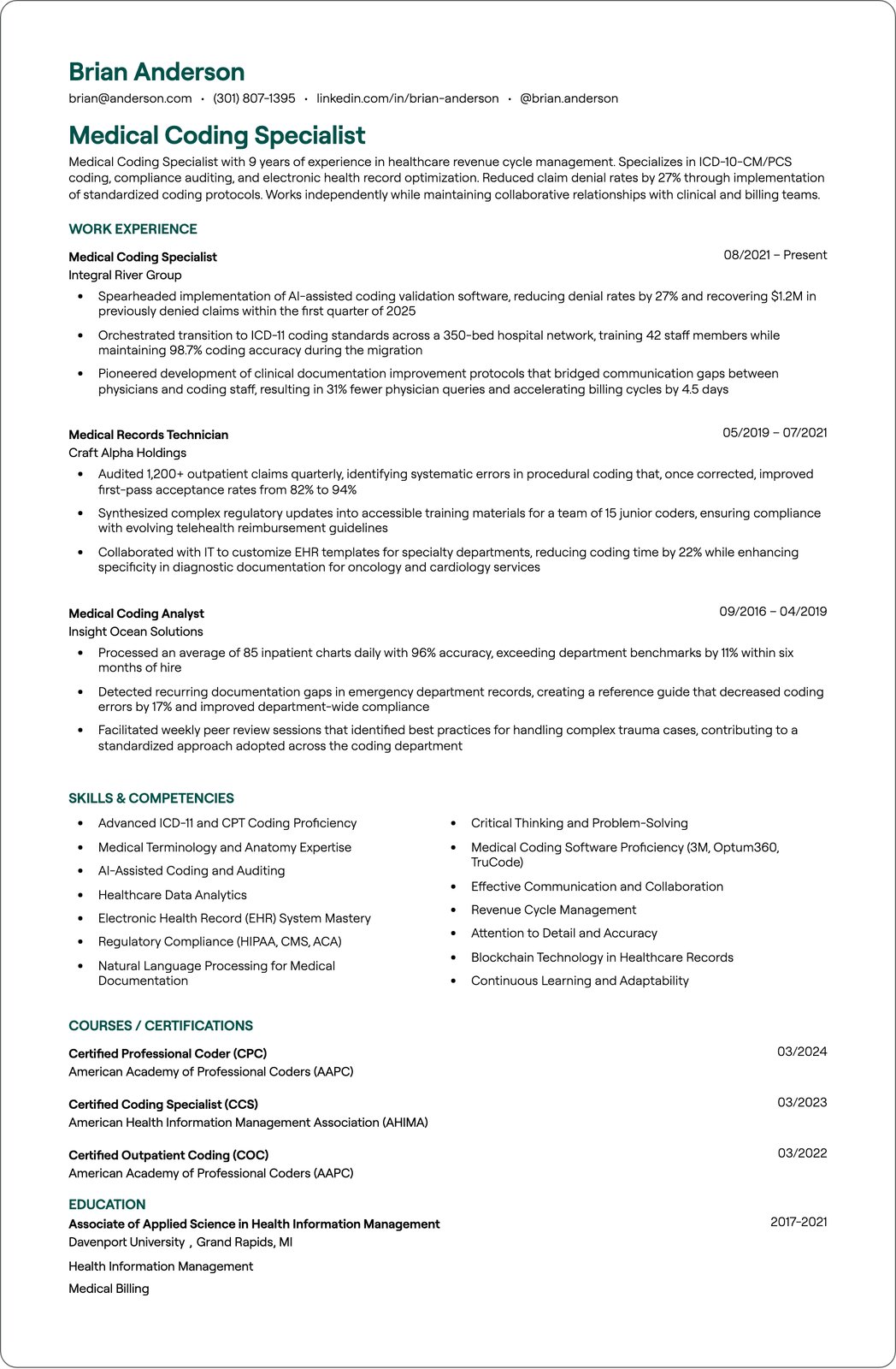 Health Information Management Specialist resume example