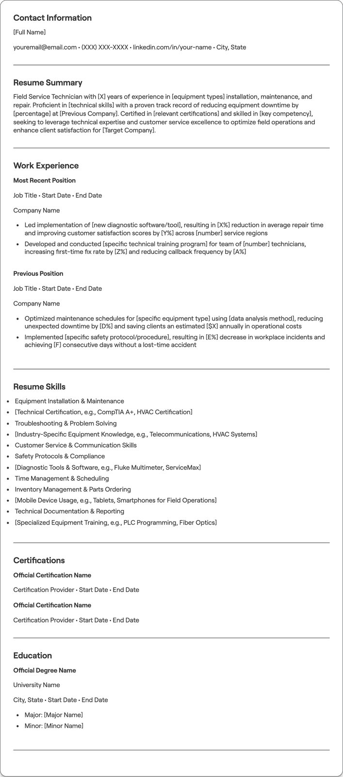 Field Service Technician resume example