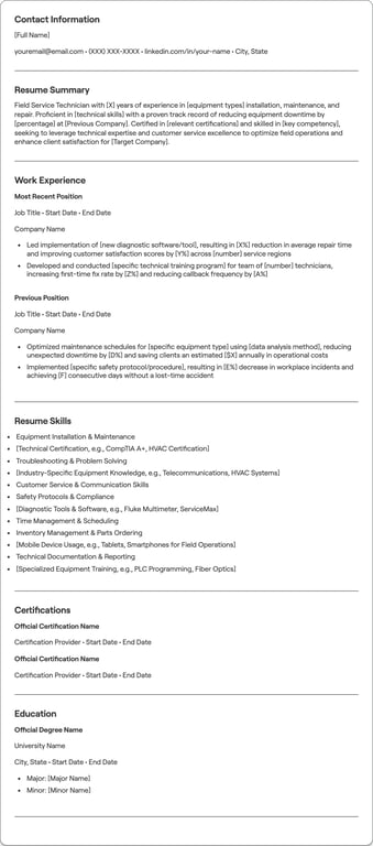 Field Service Technician resume example
