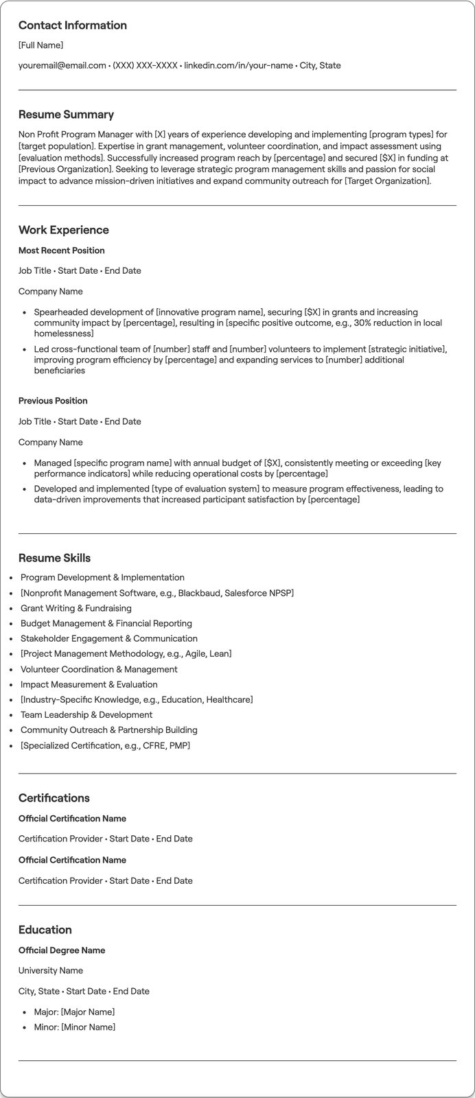 Non Profit Program Manager resume example