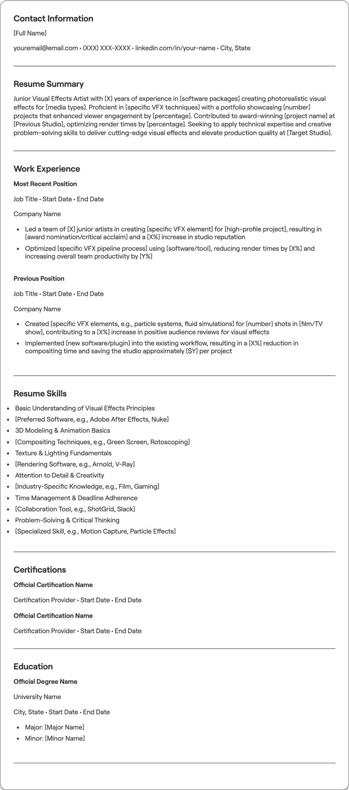 Junior Visual Effects Artist resume example