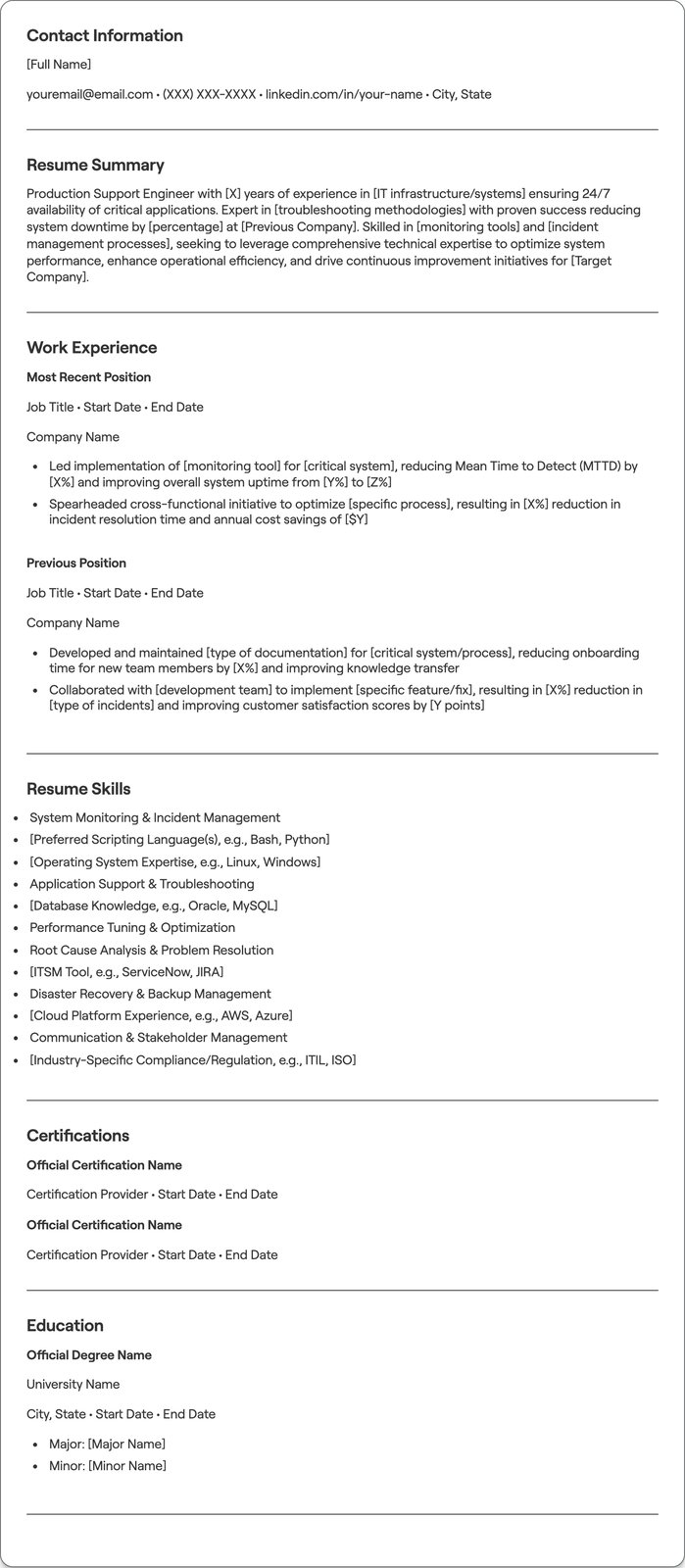 Production Support Engineer resume example