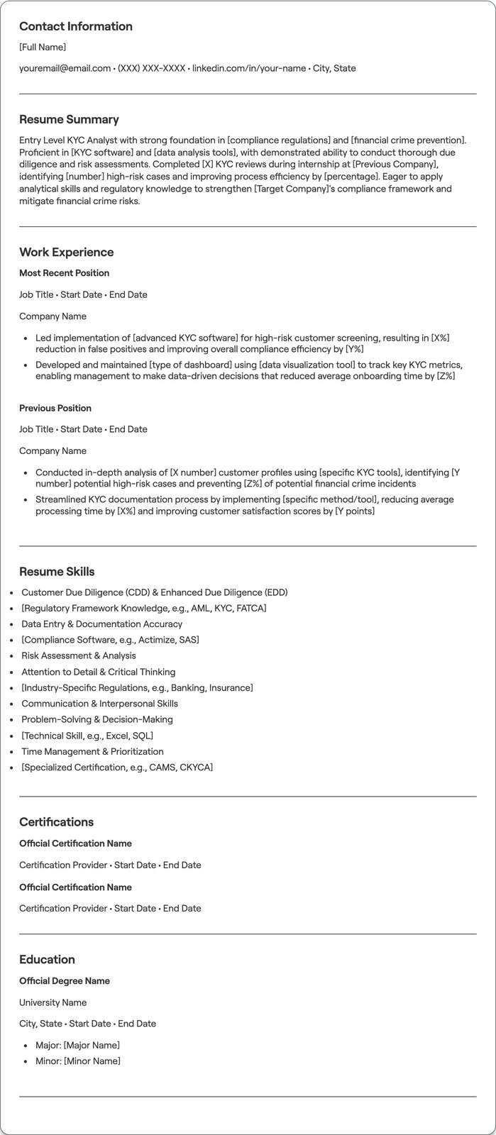 Entry Level KYC Analyst resume example