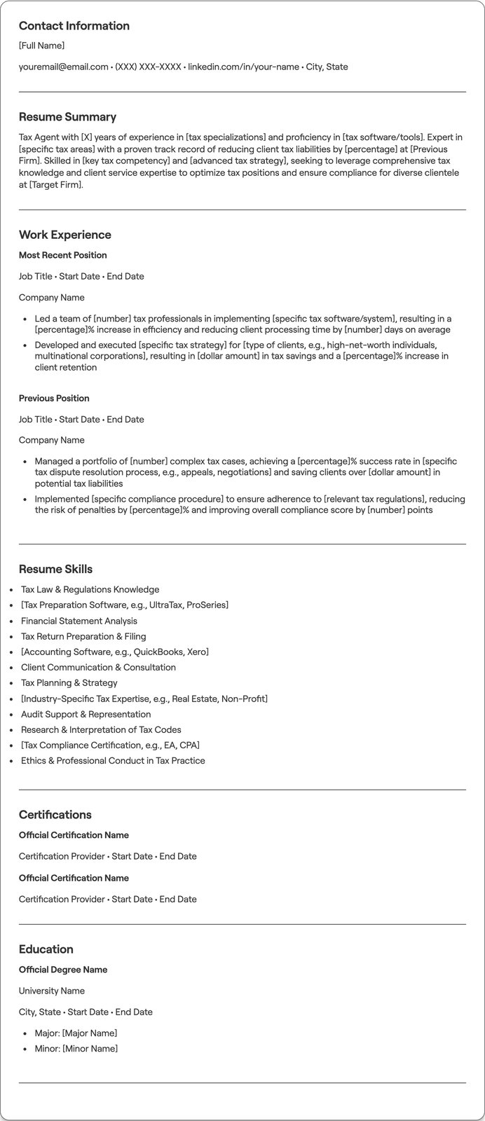 Tax Agent resume example