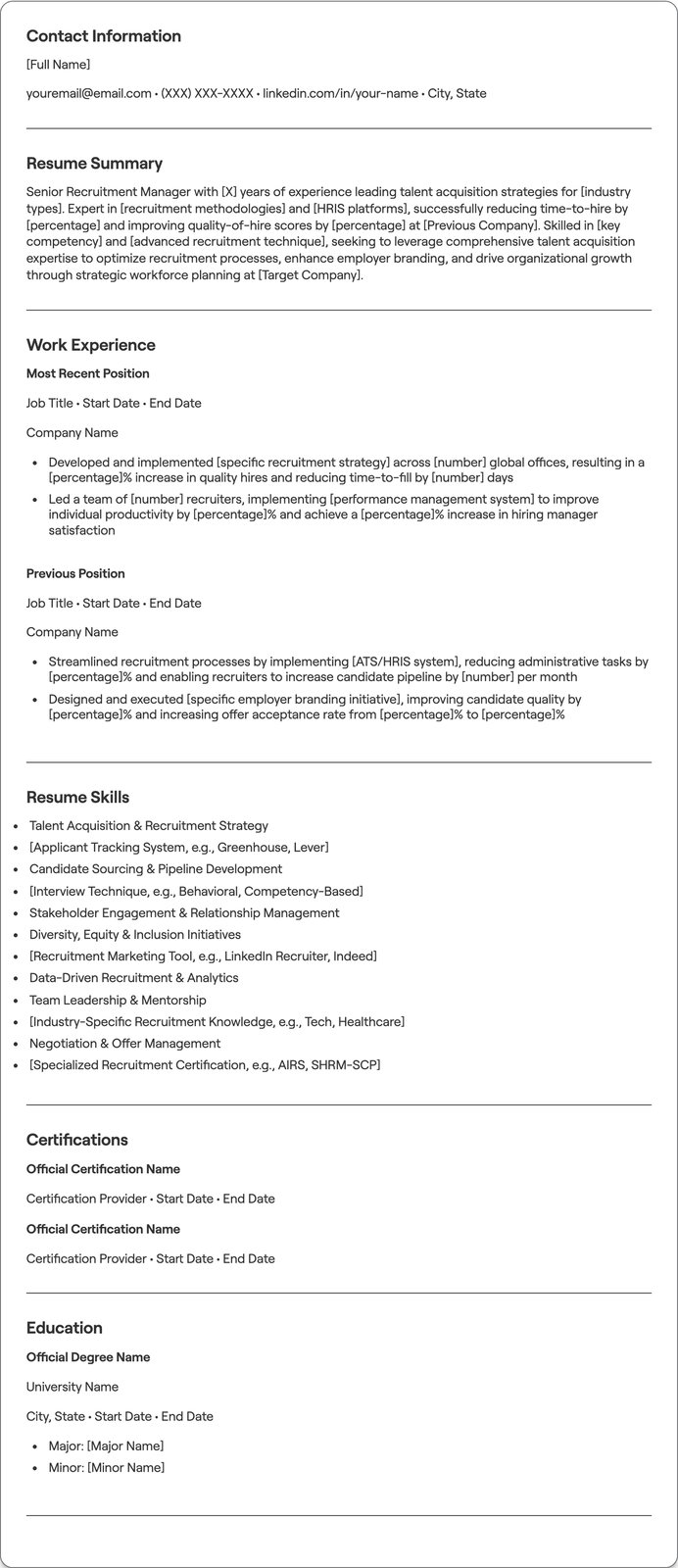 Senior Recruitment Manager resume example