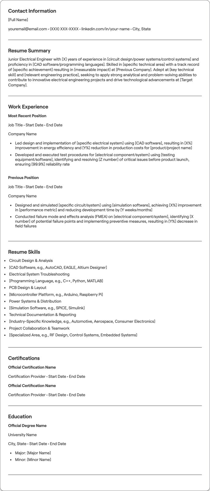 Junior Electrical Engineer resume example
