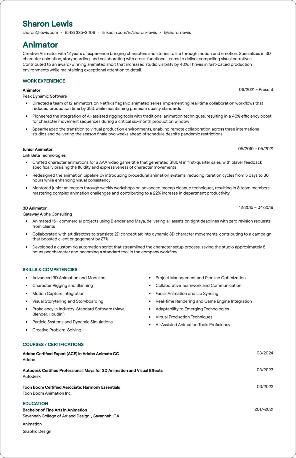 Character Animator resume example