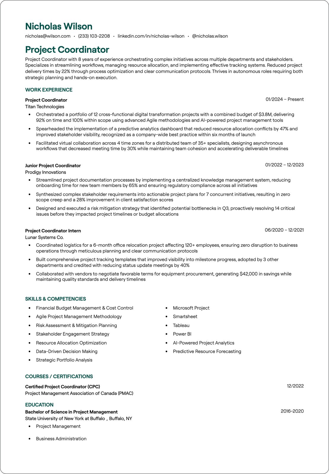 Project Coordinator resume example