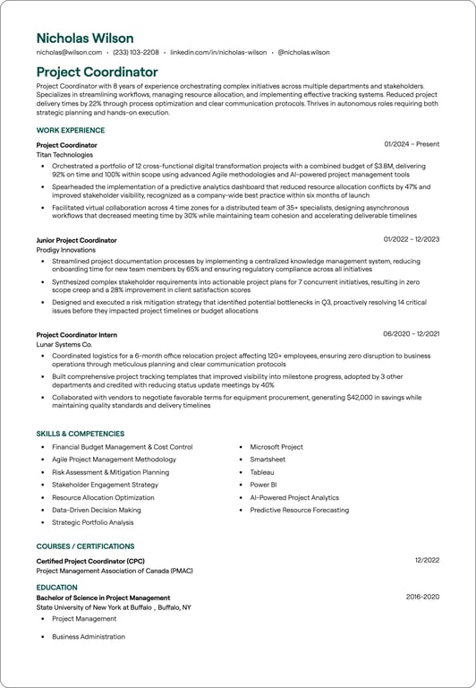 Project Coordinator resume example