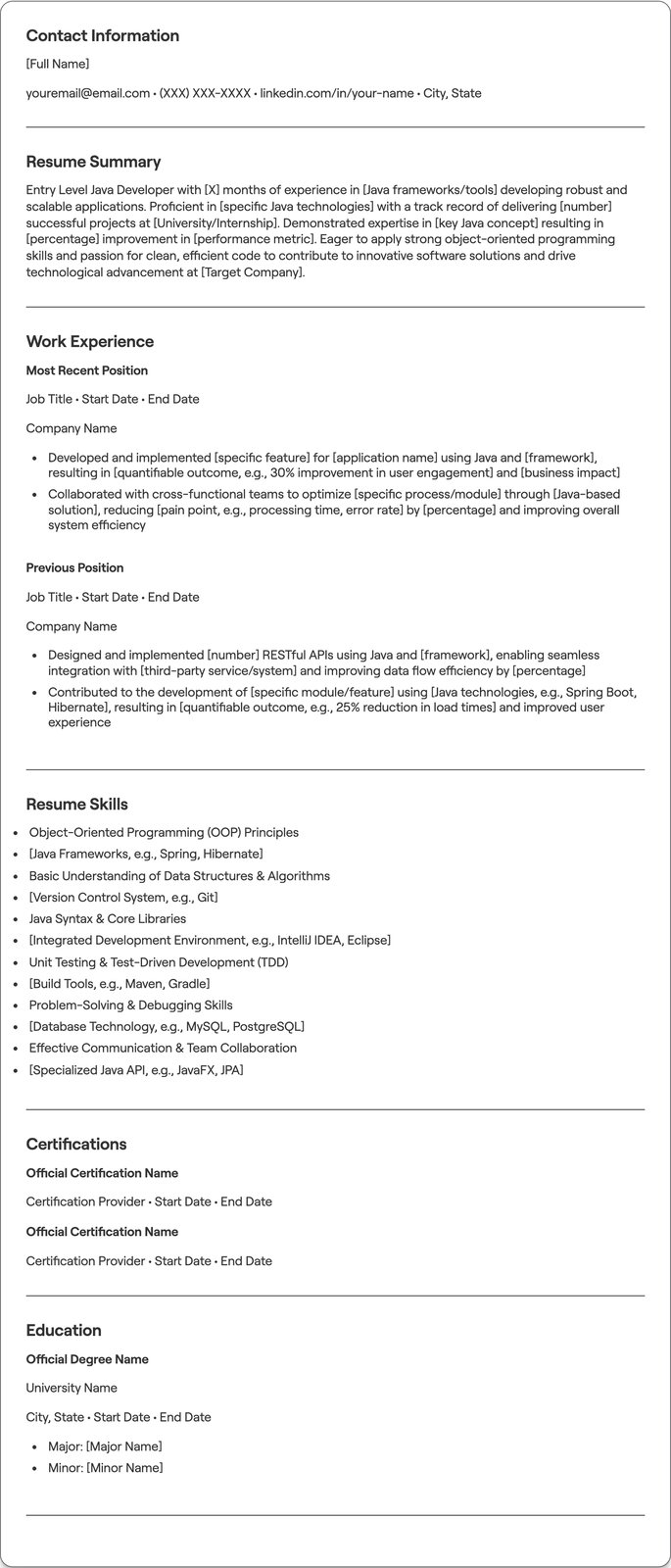Entry Level Java Developer resume example