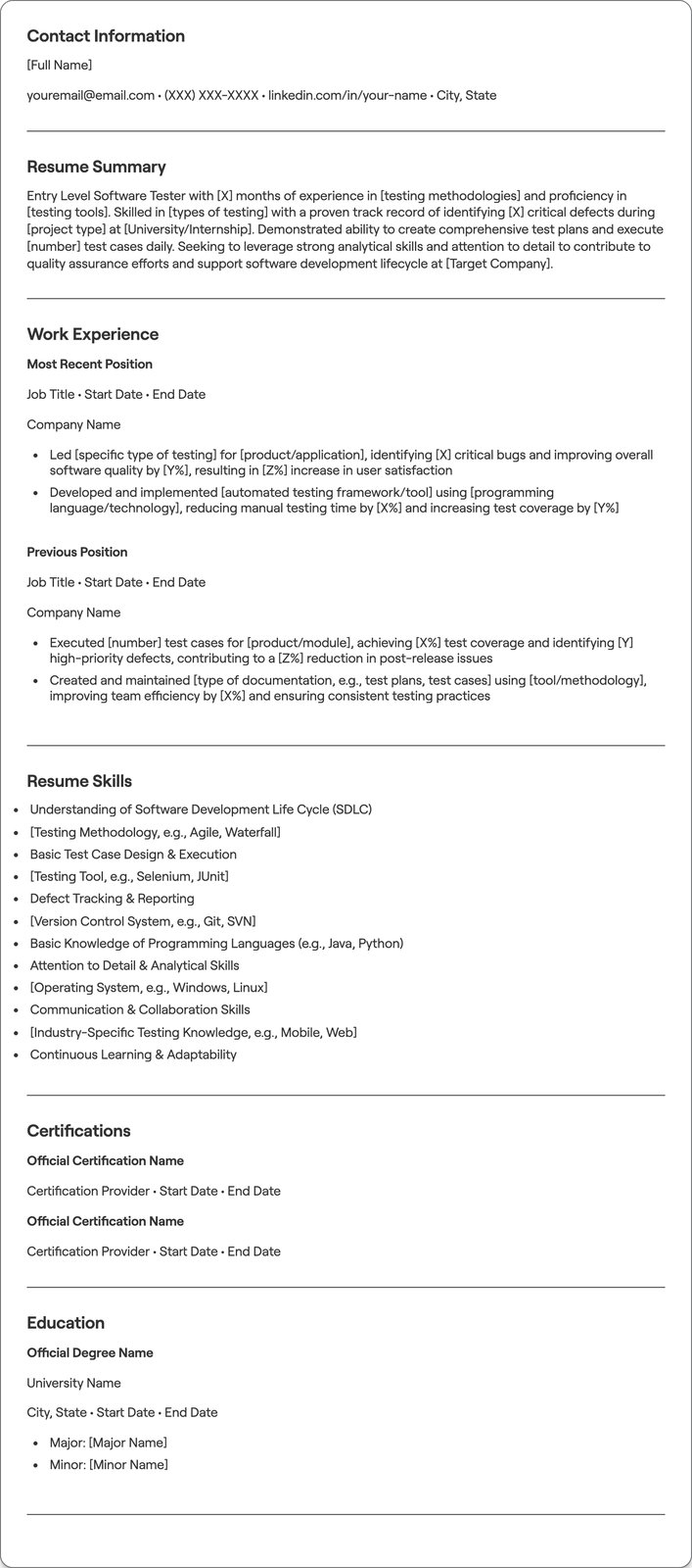 Entry Level Software Testing resume example