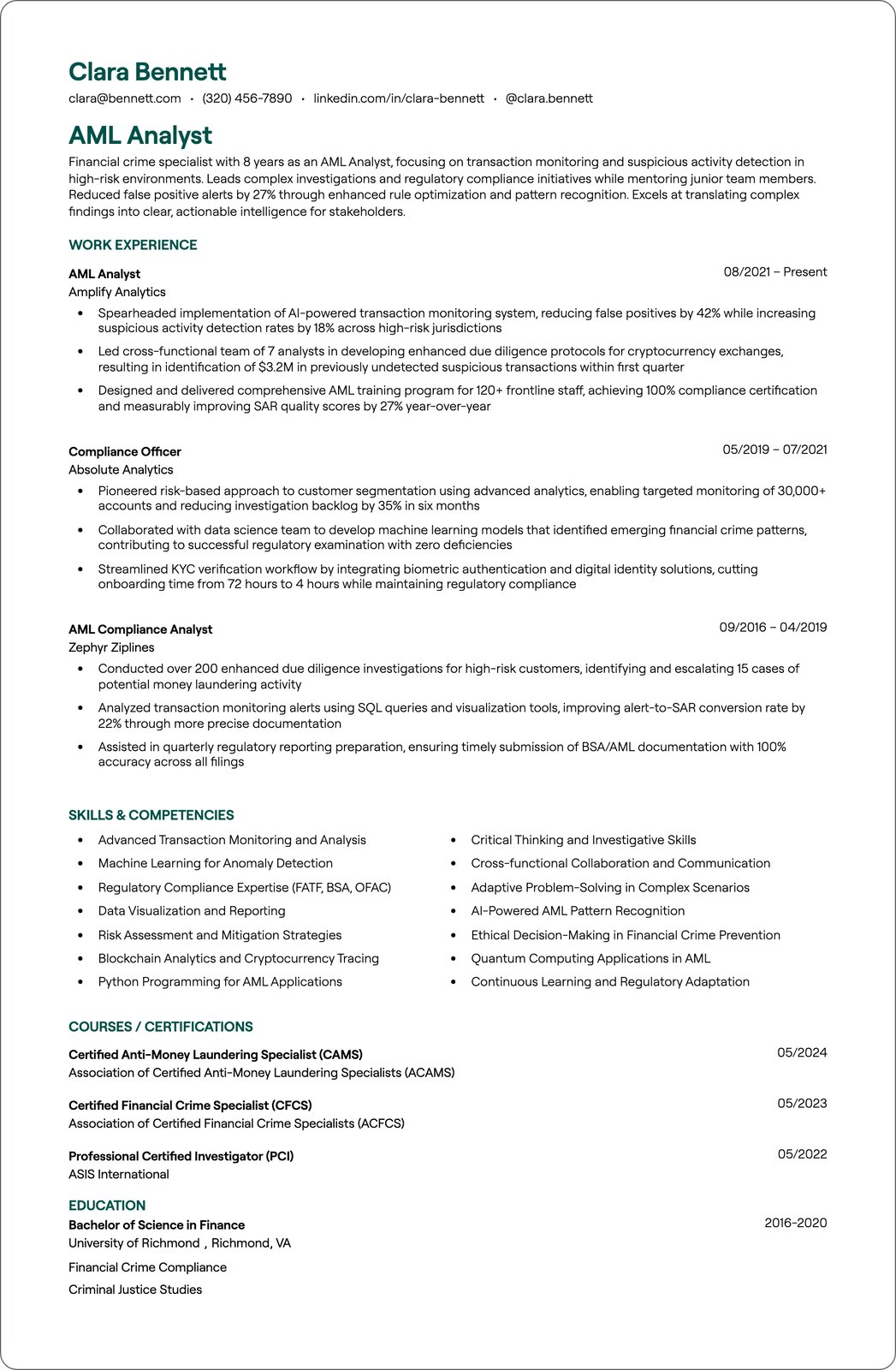 AML Investigations Analyst resume example