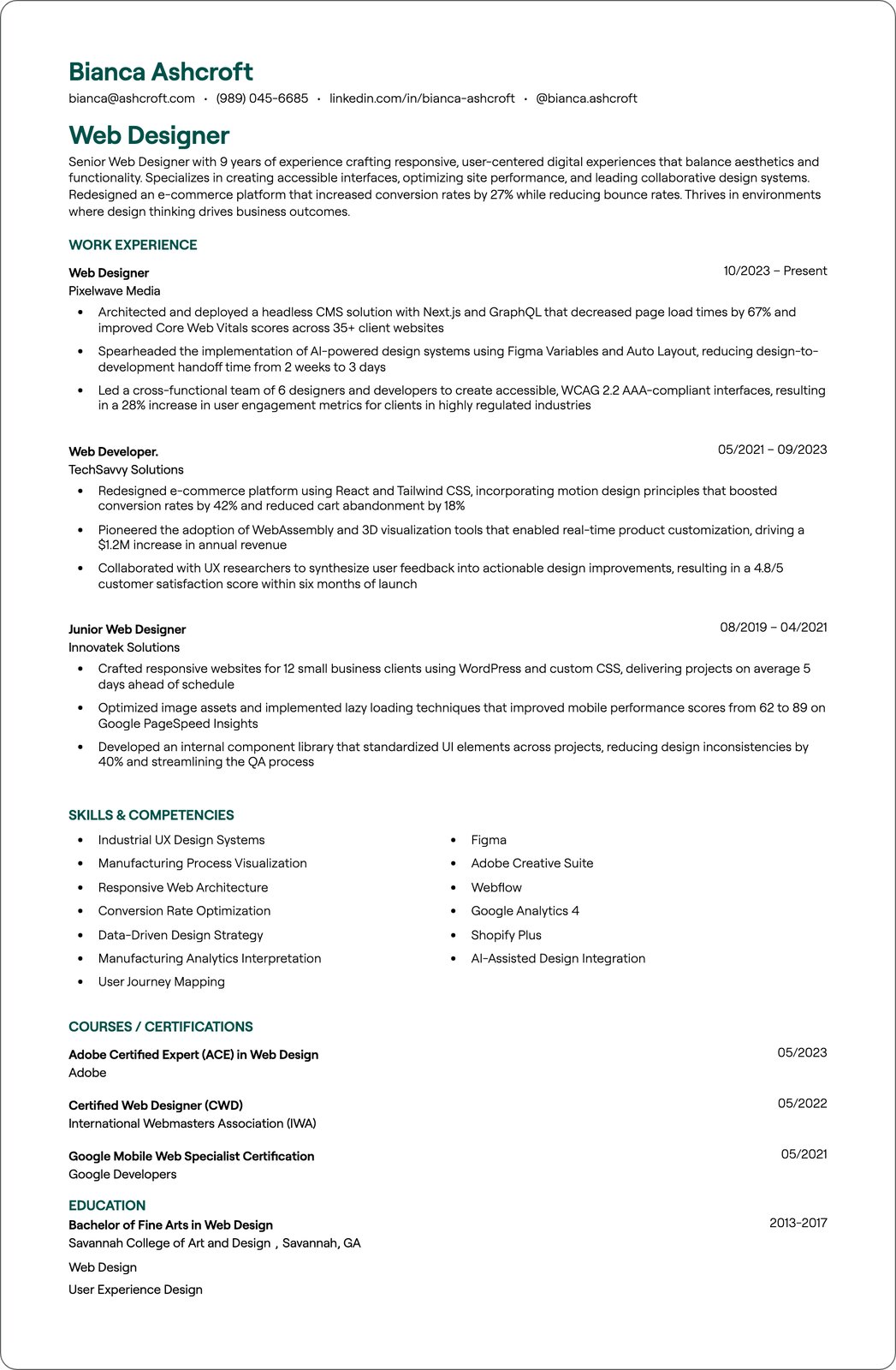Senior Web Designer resume example