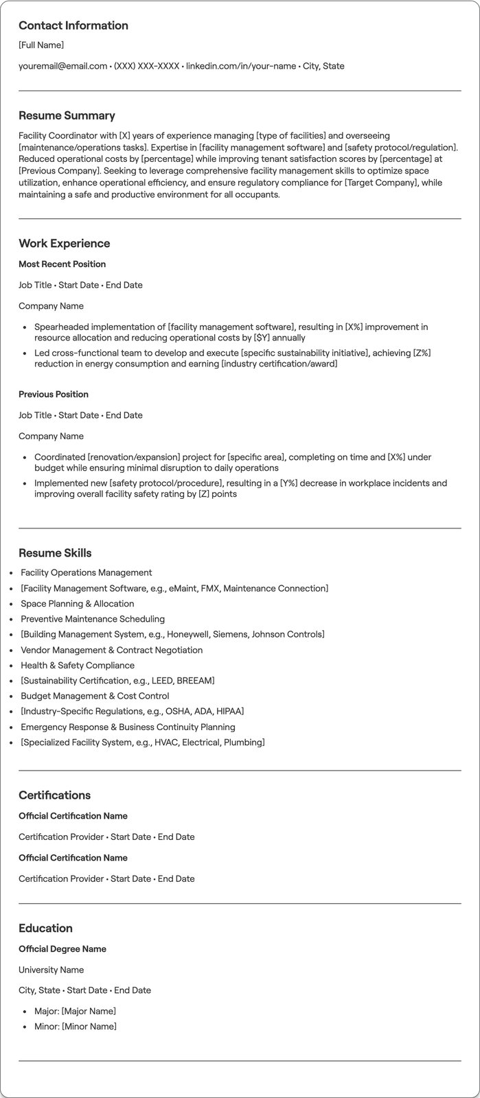 Facility Coordinator resume example