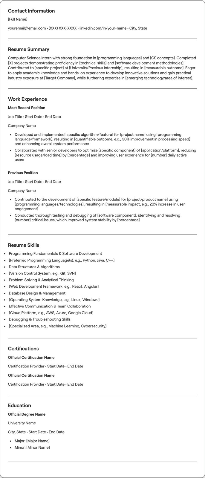 Computer Science Intern resume example