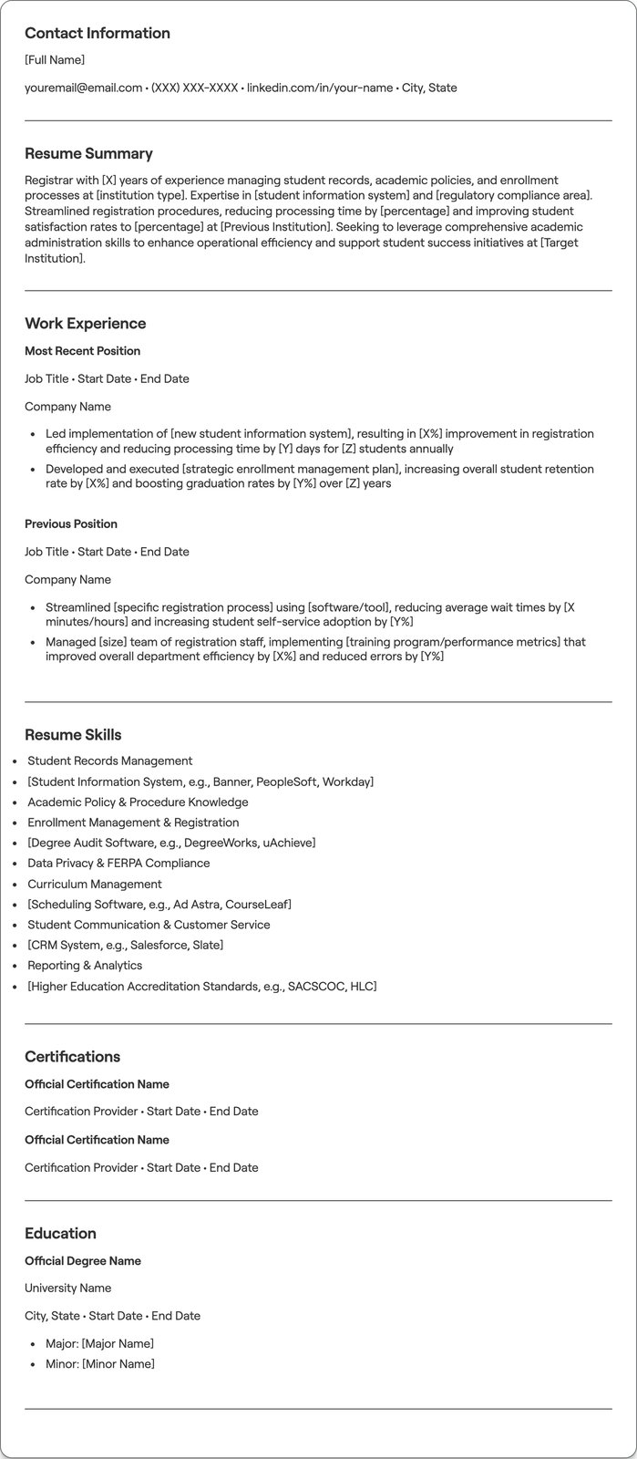 Registrar resume example
