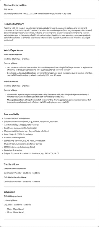Registrar resume example