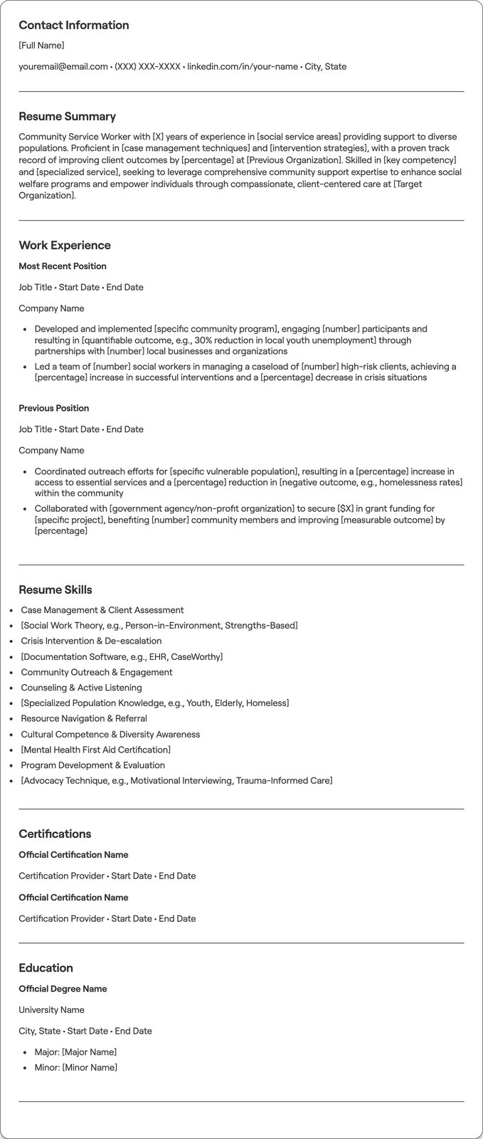 Community Service Worker resume example