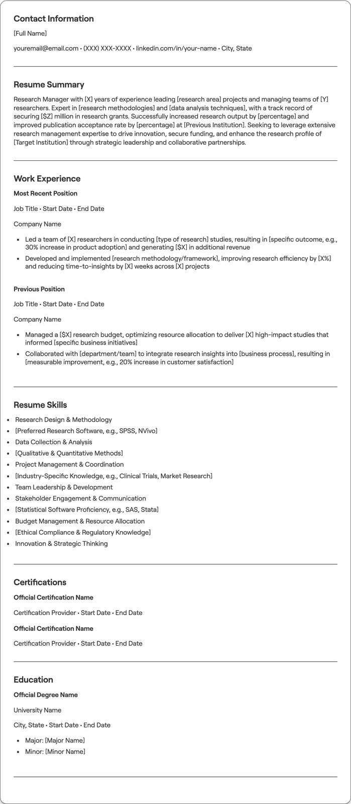 Research Manager resume example