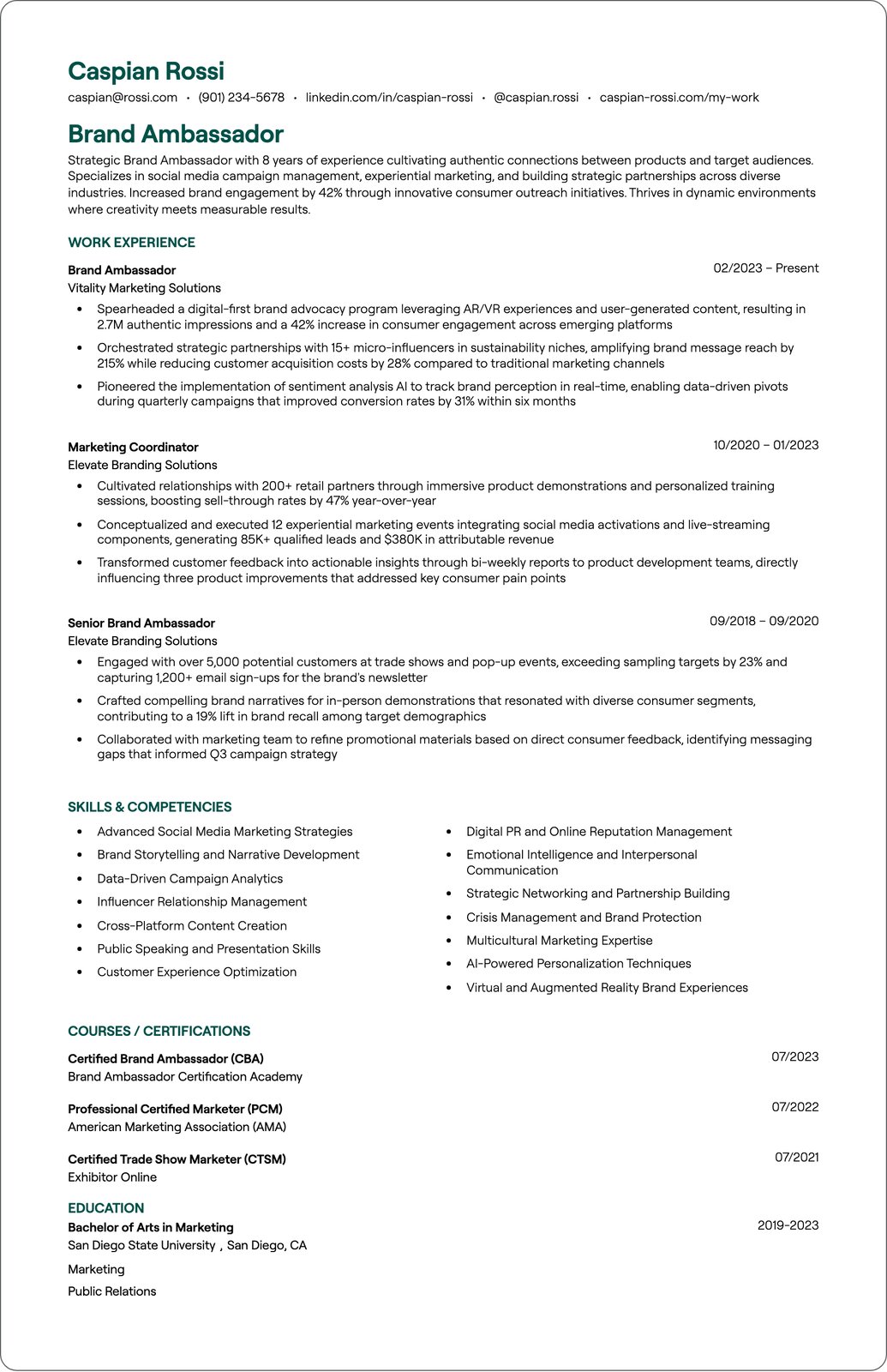 Brand Ambassador resume example