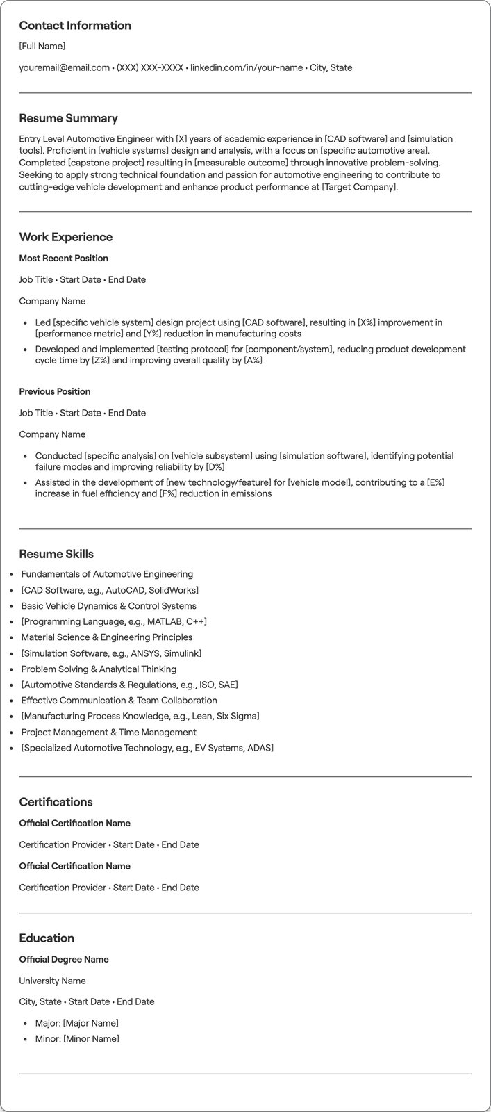 Entry Level Automotive Engineer resume example