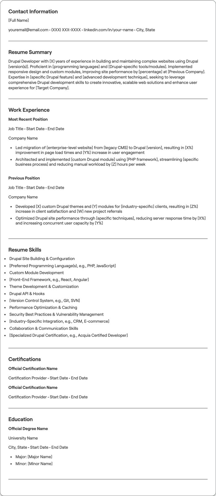 Drupal Developer resume example