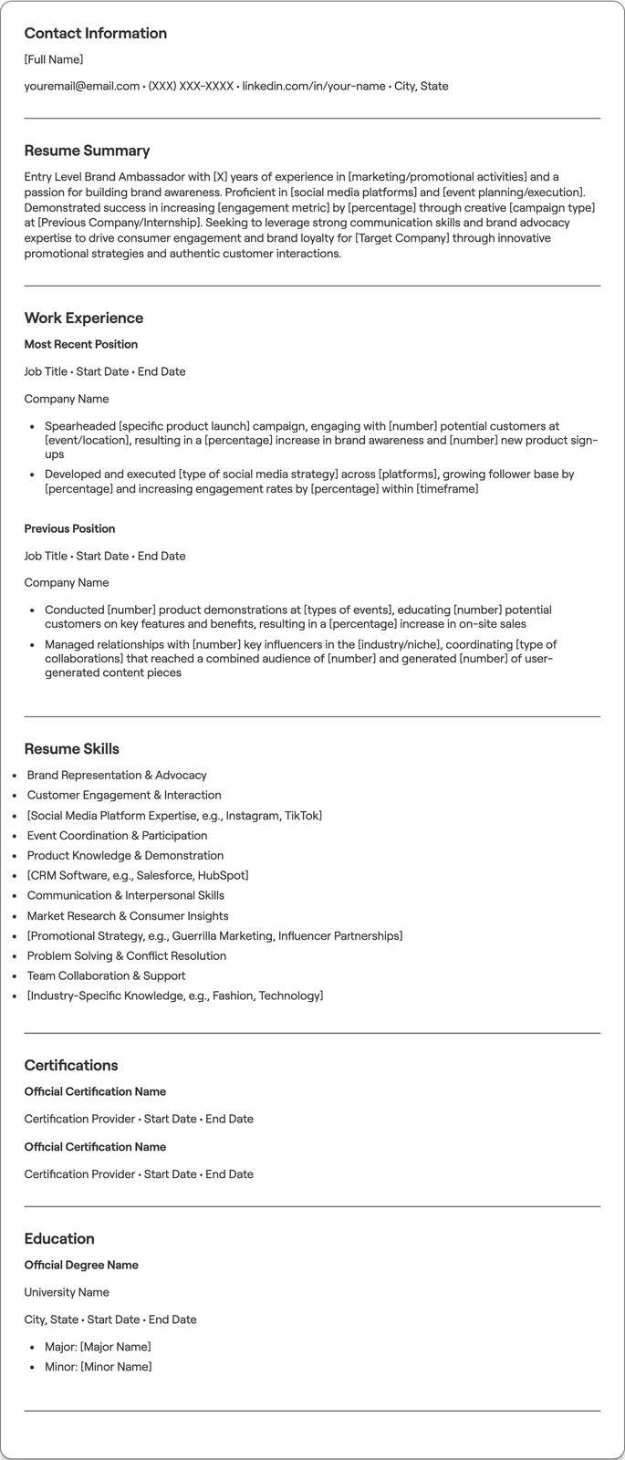 Entry Level Brand Ambassador resume example