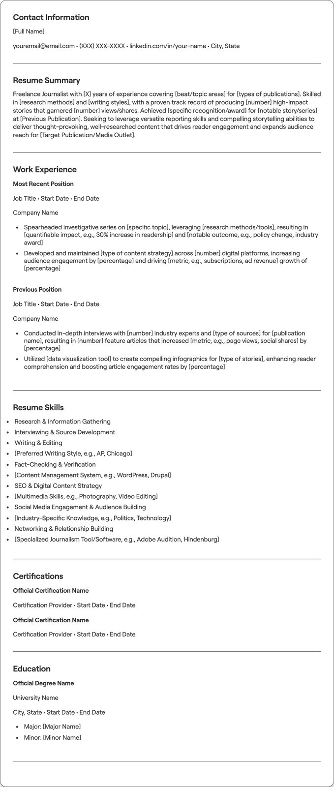 Freelance Journalist resume example