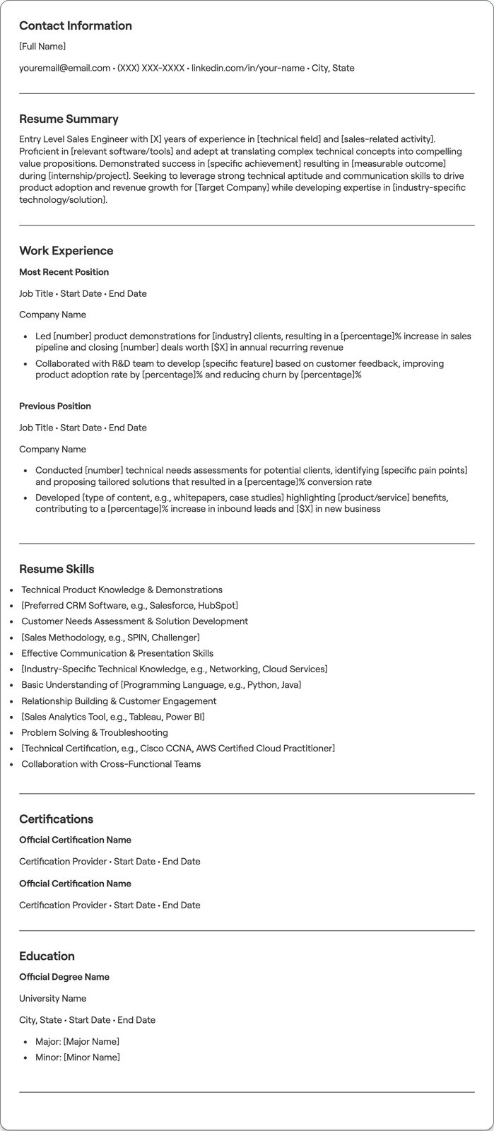 Entry Level Sales Engineer resume example