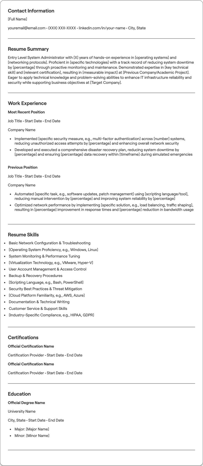 Entry Level System Administrator resume example