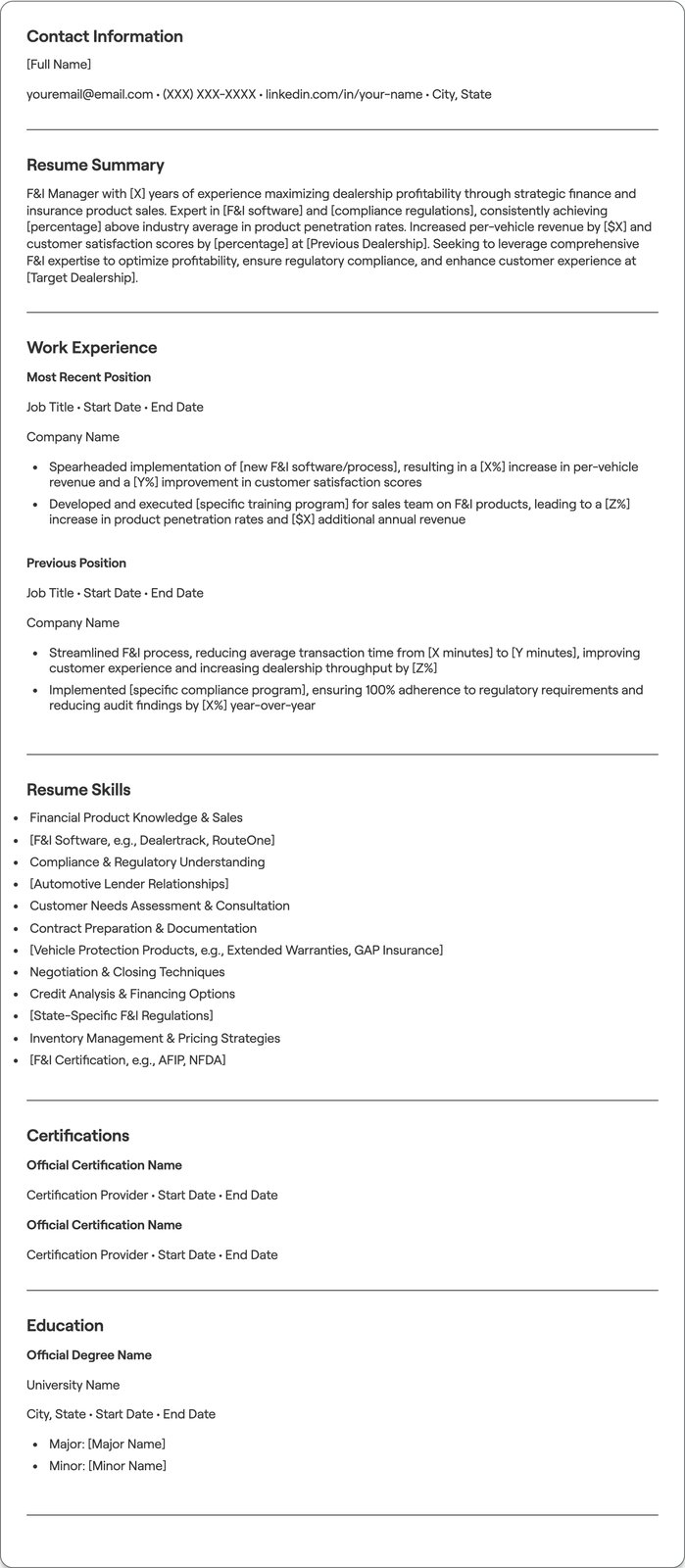 F&I Manager resume example