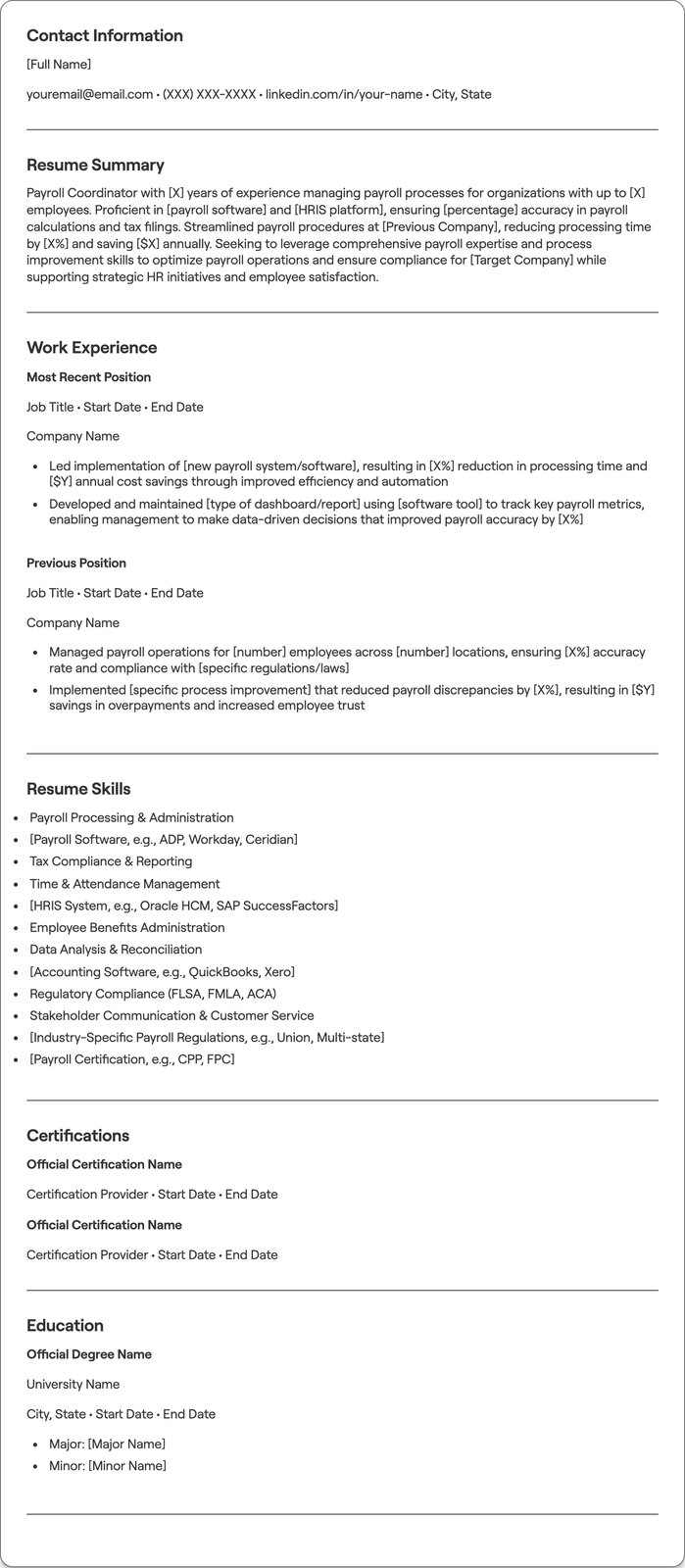 Payroll Coordinator resume example