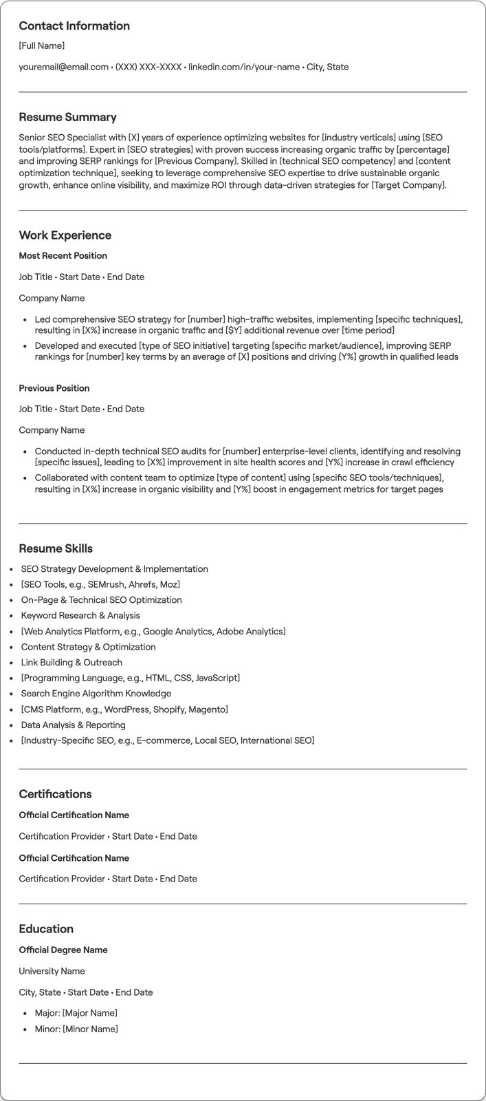 Senior SEO Specialist resume example