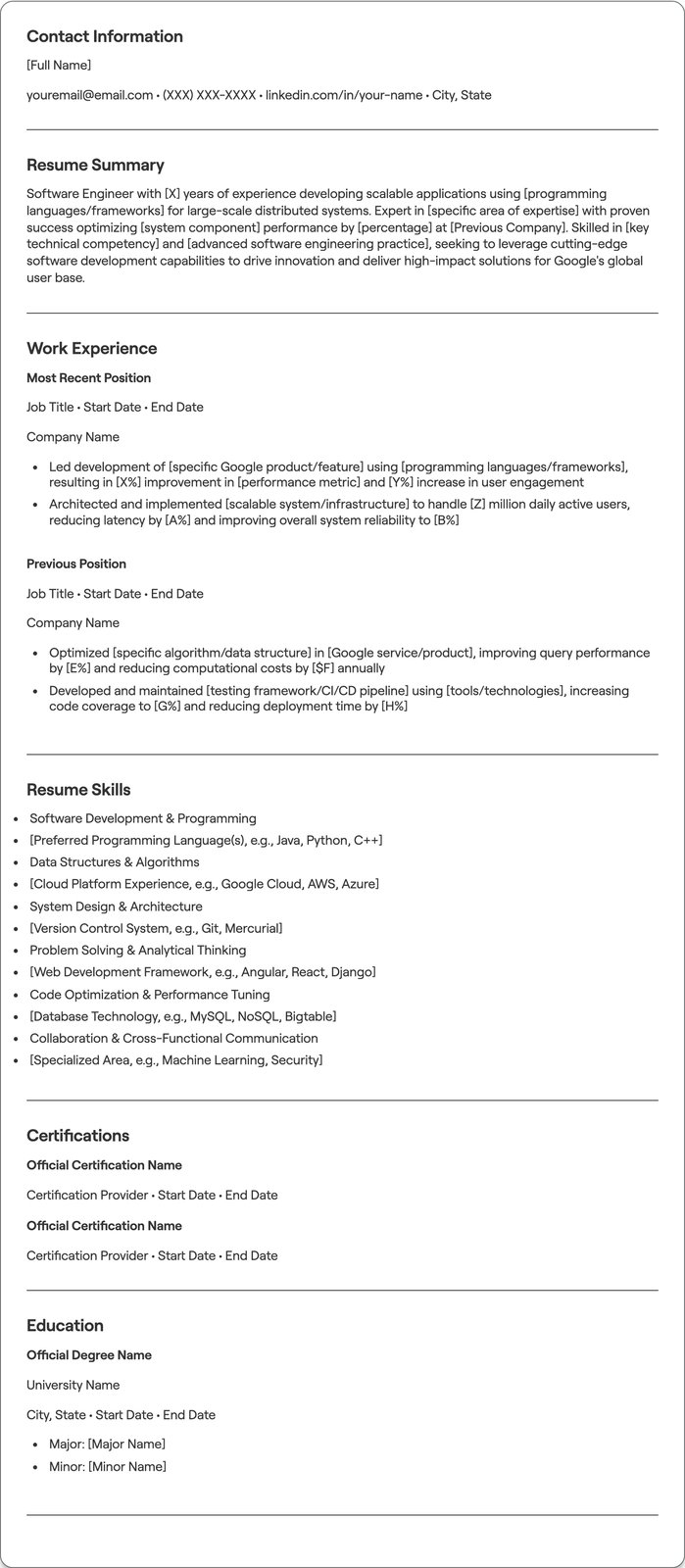 Google Software Engineer resume example