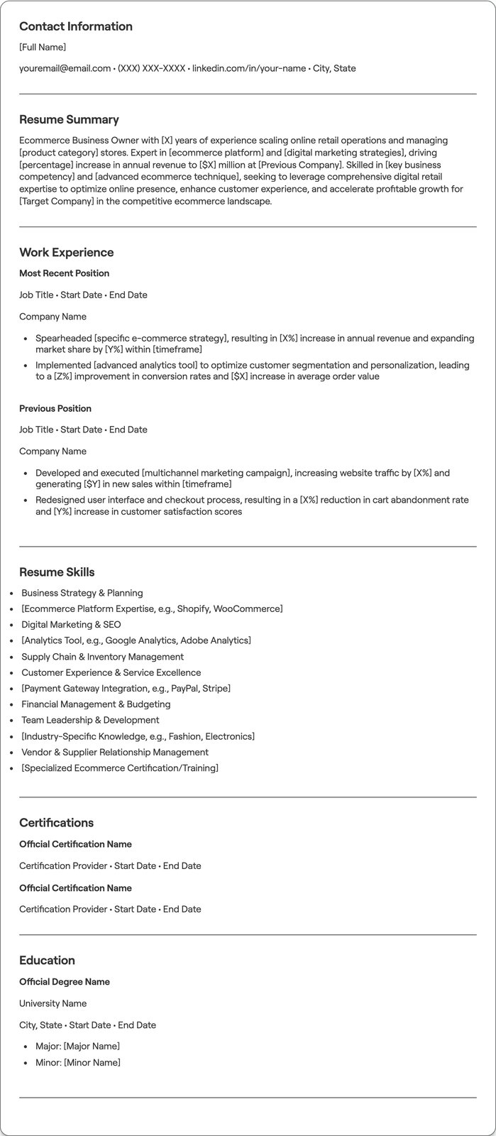 Ecommerce Business Owner resume example