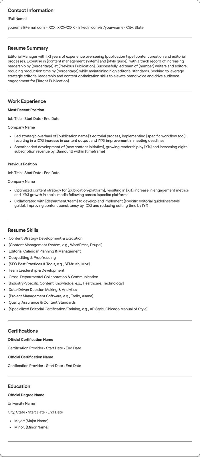 Editorial Manager resume example