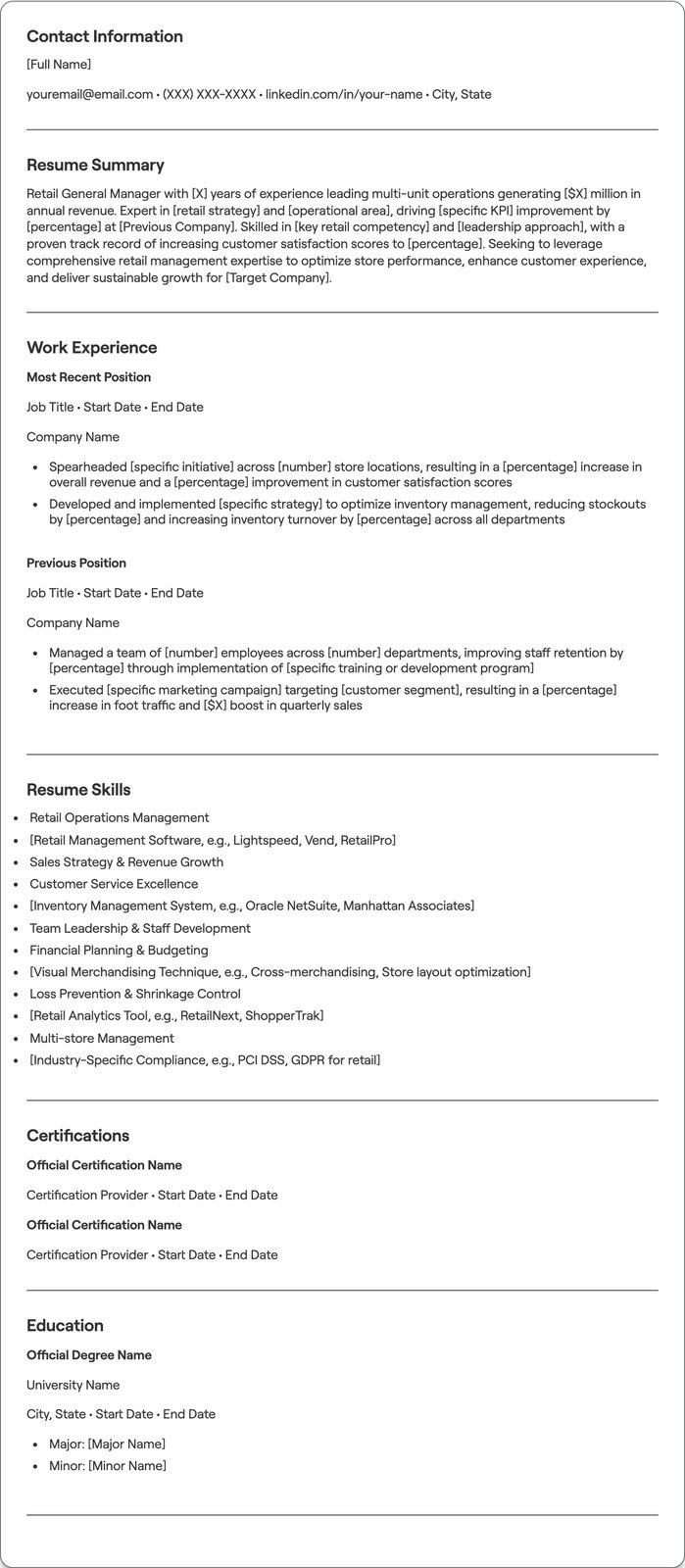 Retail General Manager resume example