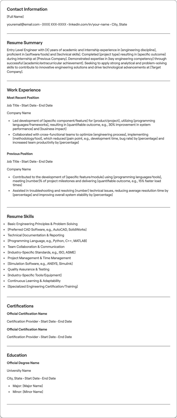 Entry Level Engineering resume example