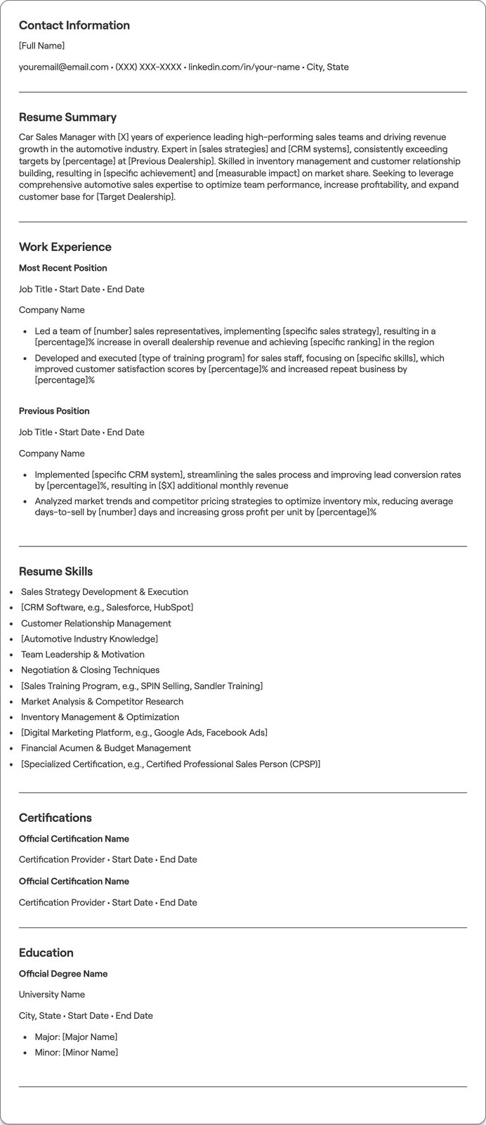 Car Sales Manager resume example