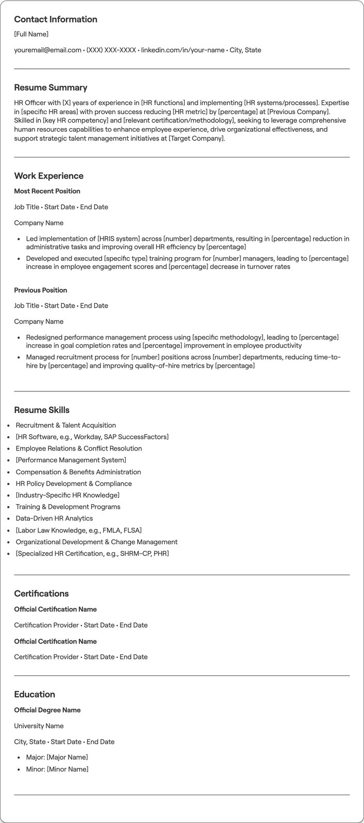 HR Officer resume example