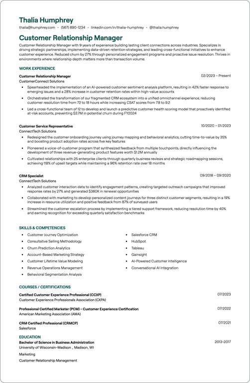 Customer Relationship Manager resume example