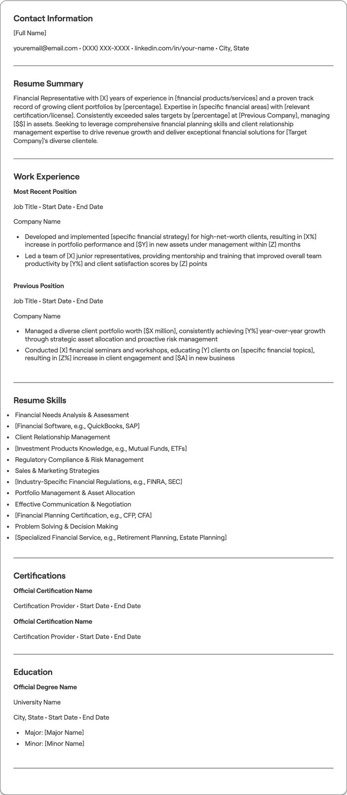Financial Representative resume example