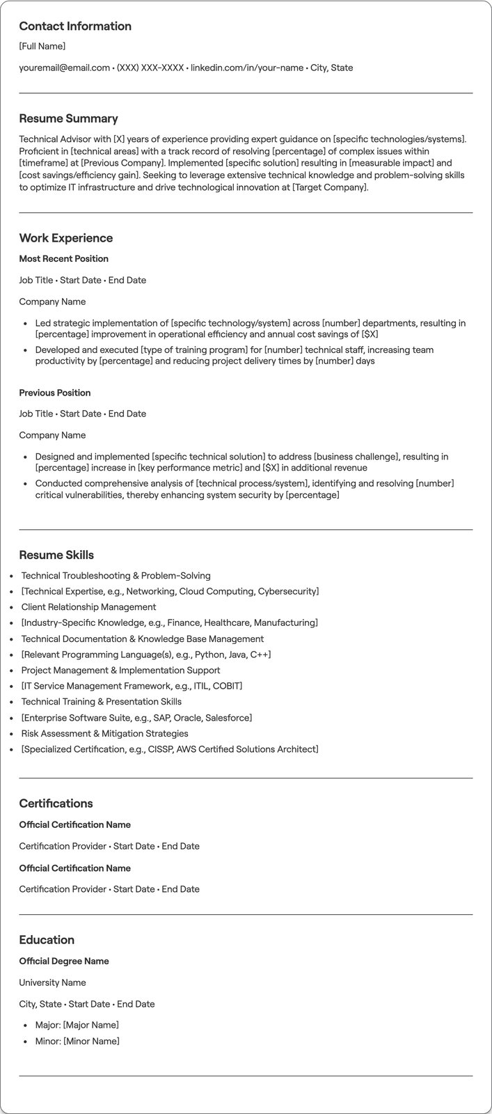 Technical Advisor resume example