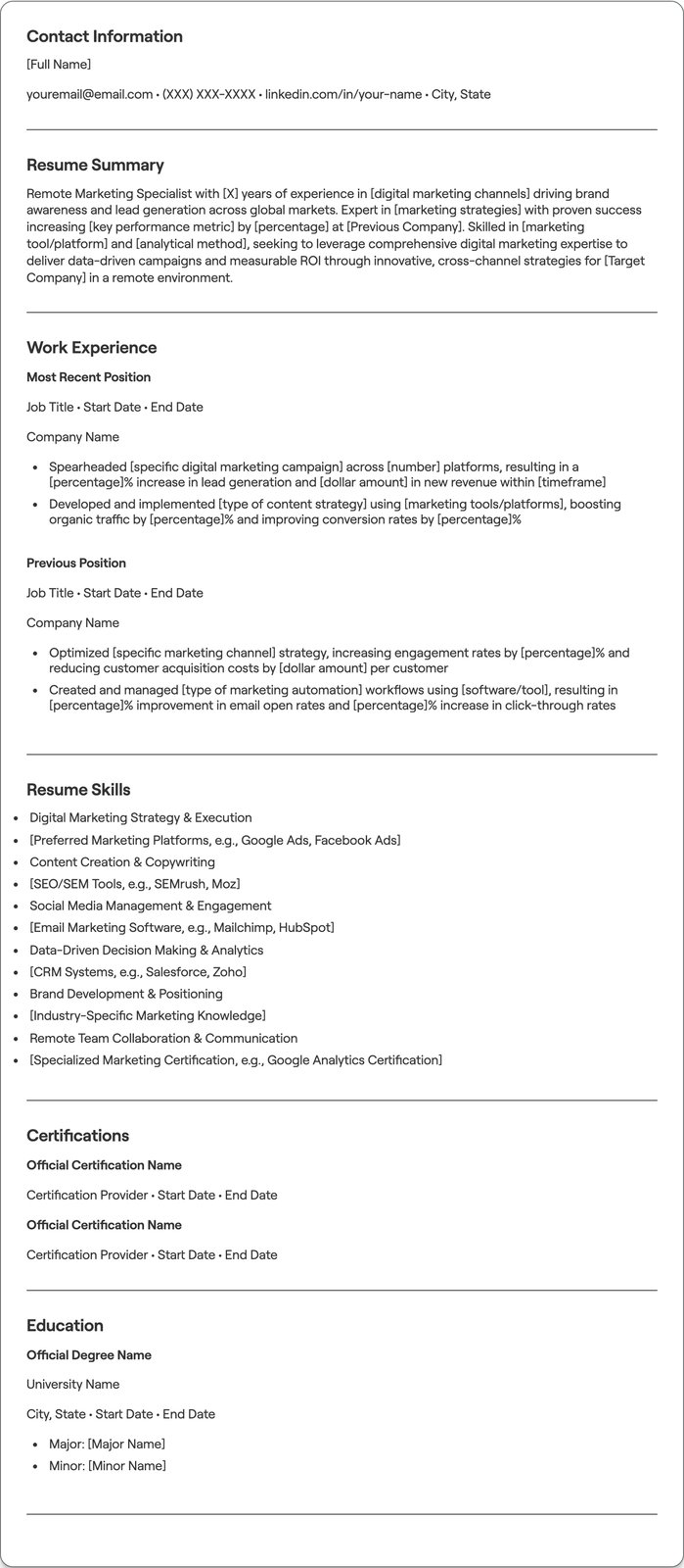 Remote Marketing Specialist resume example