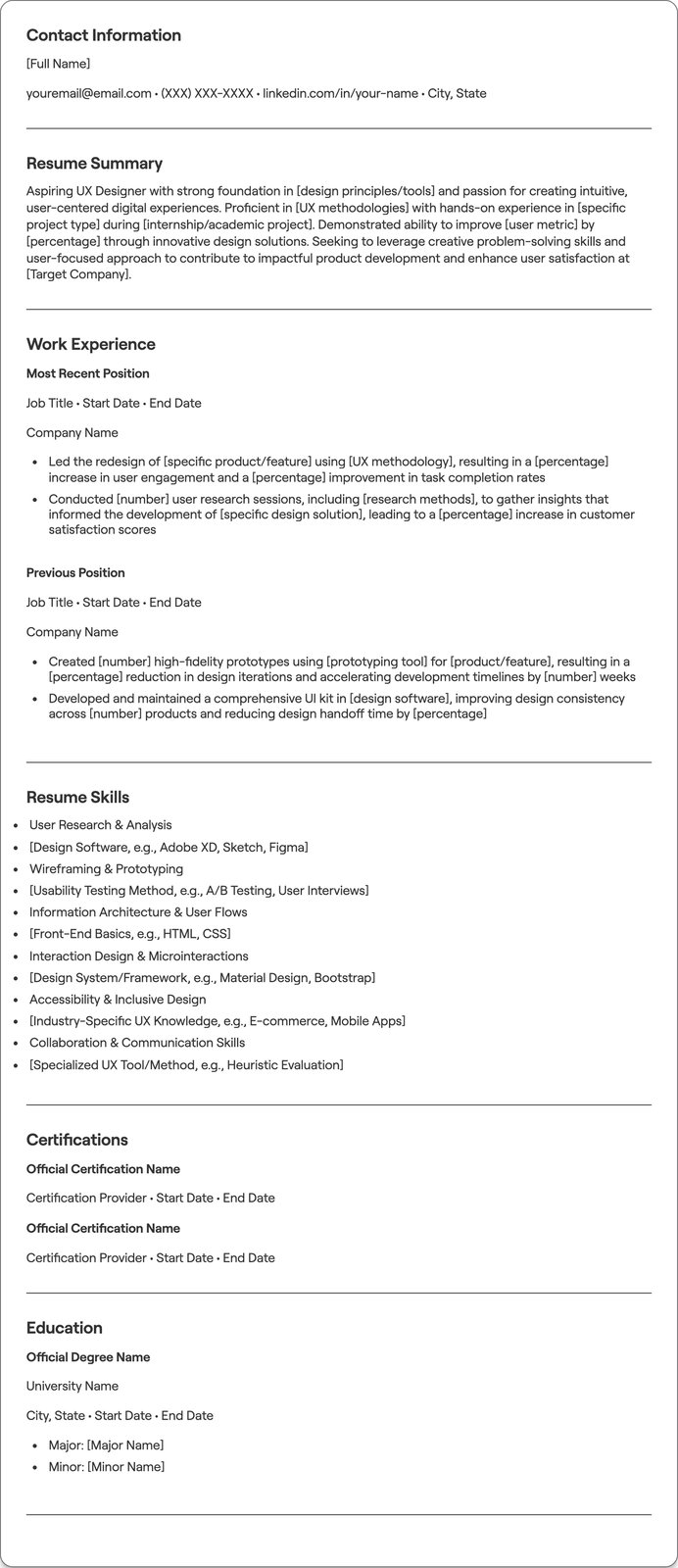 Fresher UX Designer resume example