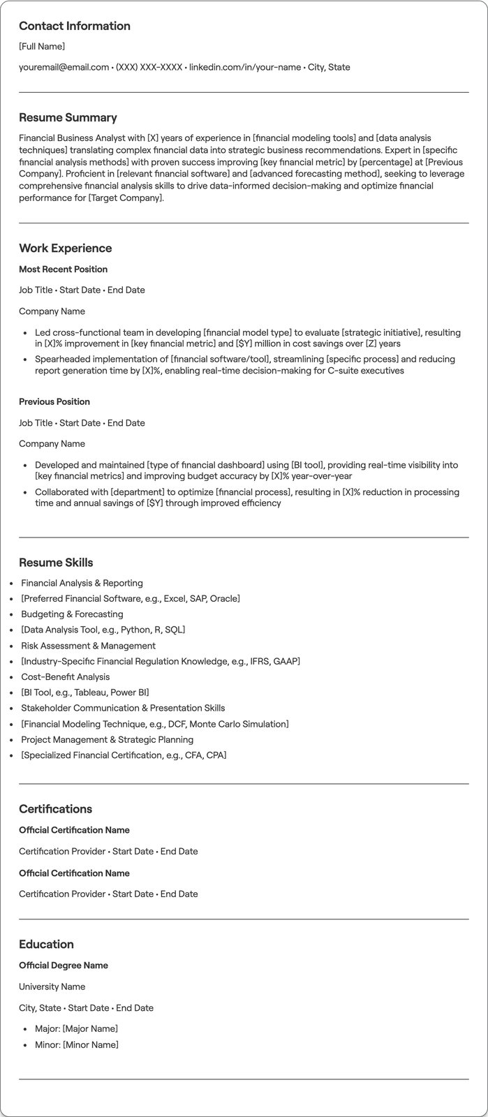 Financial Business Analyst resume example