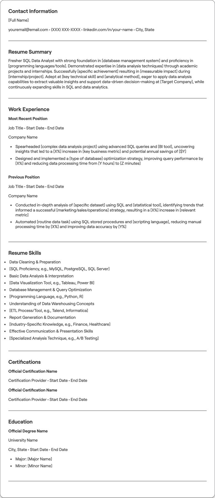 Fresher SQL Data Analyst resume example