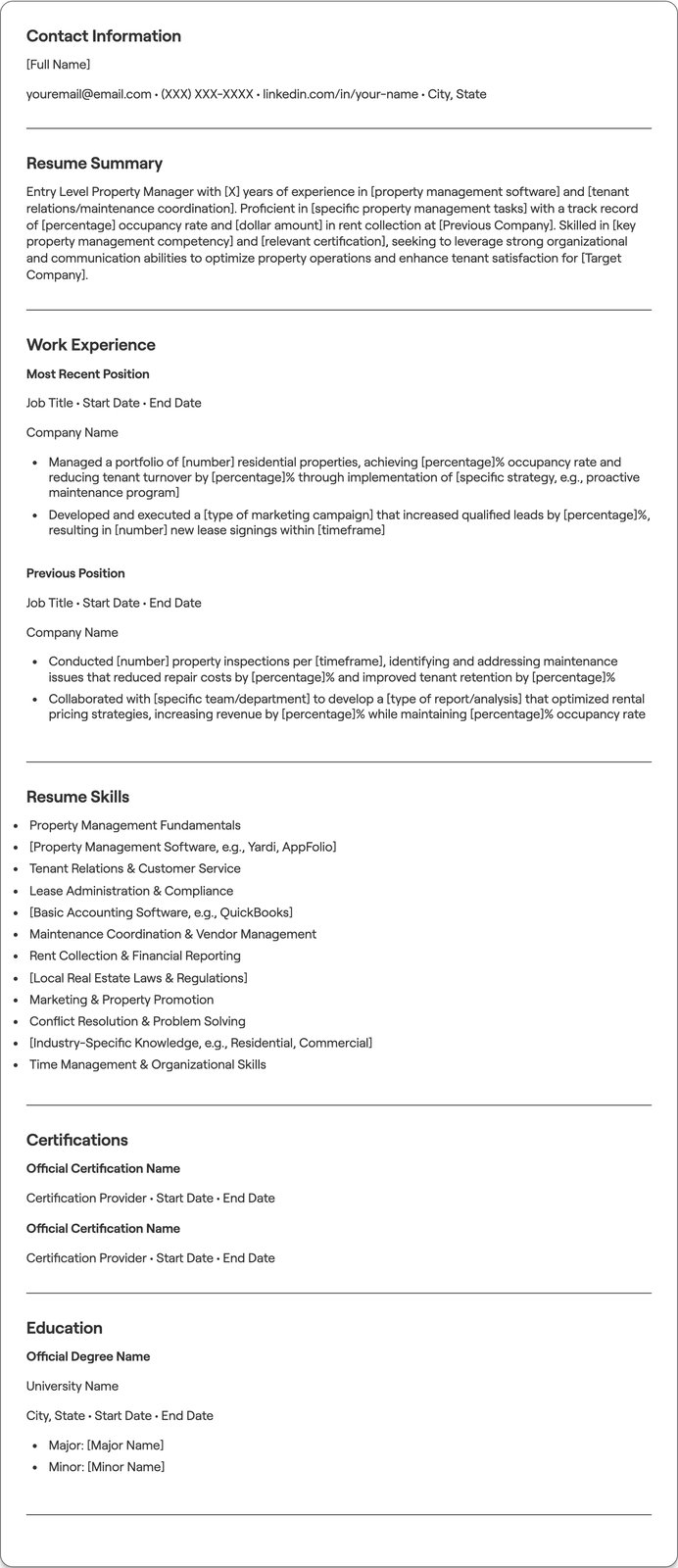 Entry Level Property Manager resume example