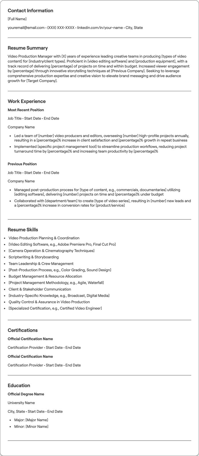 Video Production Manager resume example