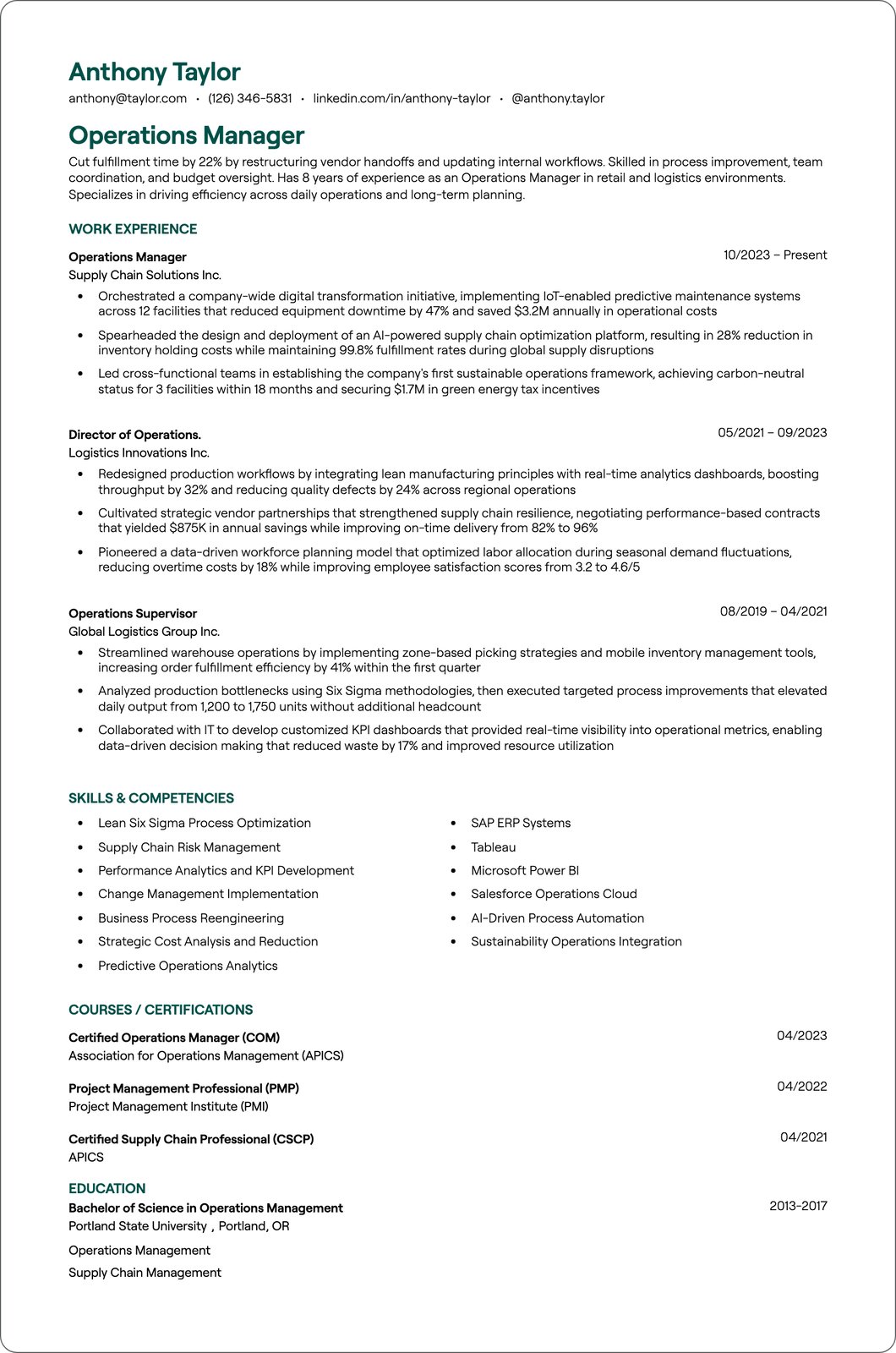 Hotel Operations Manager resume example